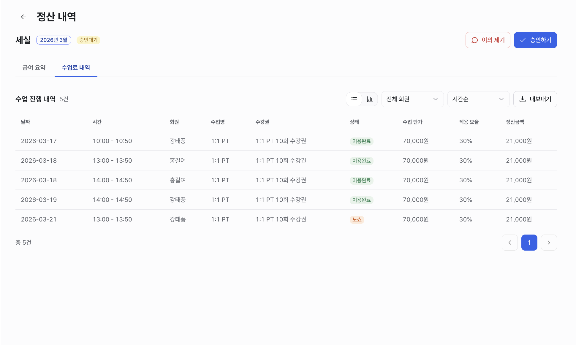 정산 내역 상세 화면 - 수업료 내역
